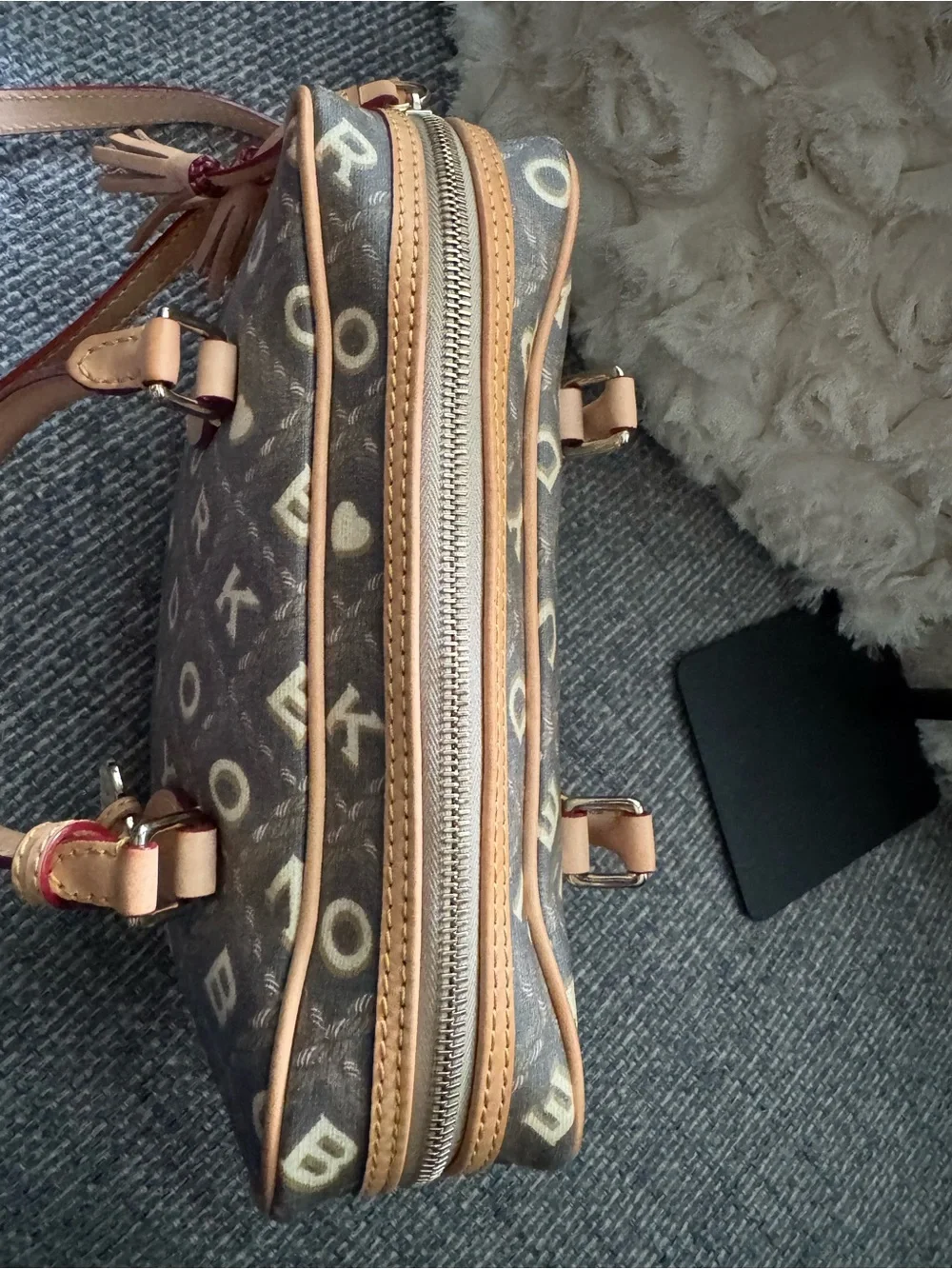 New -Dooney & Bourke Samuela Small Suitcase Satchel Crossbody Brown Monogram EUC